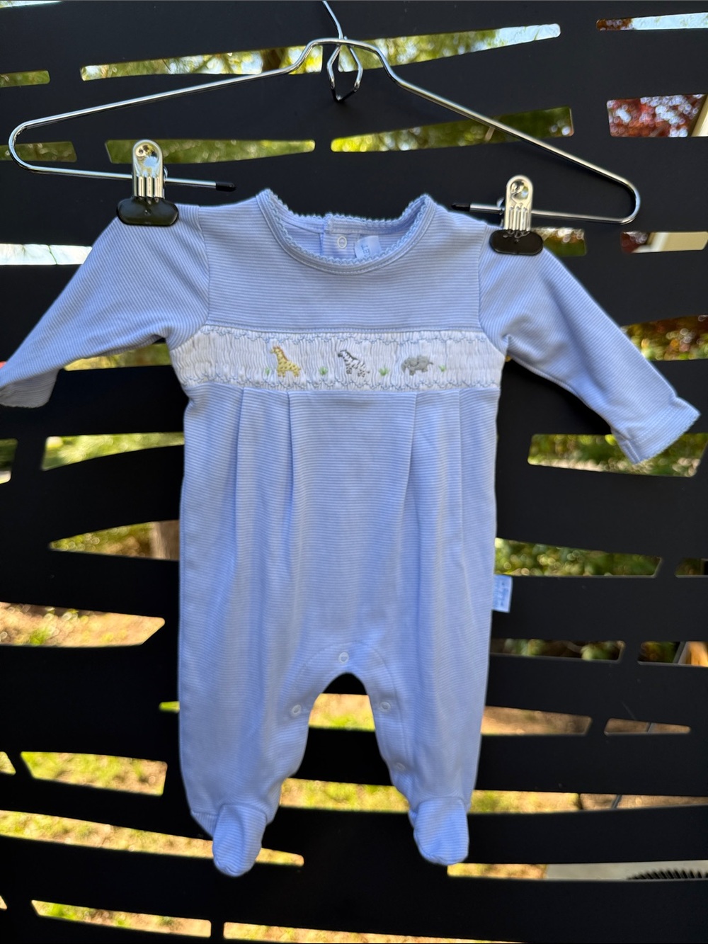 Smocked Dino Footed One-Piece in Light Blue for Baby